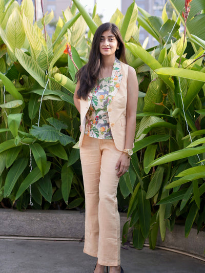 Solid Peach Sleeveless Pure Linen Blazer , Trouser and African forest Printed Top Set