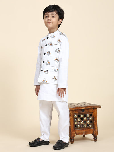 Dog Print Linen Koti with Pure Cotton White Kurta Pajama Set