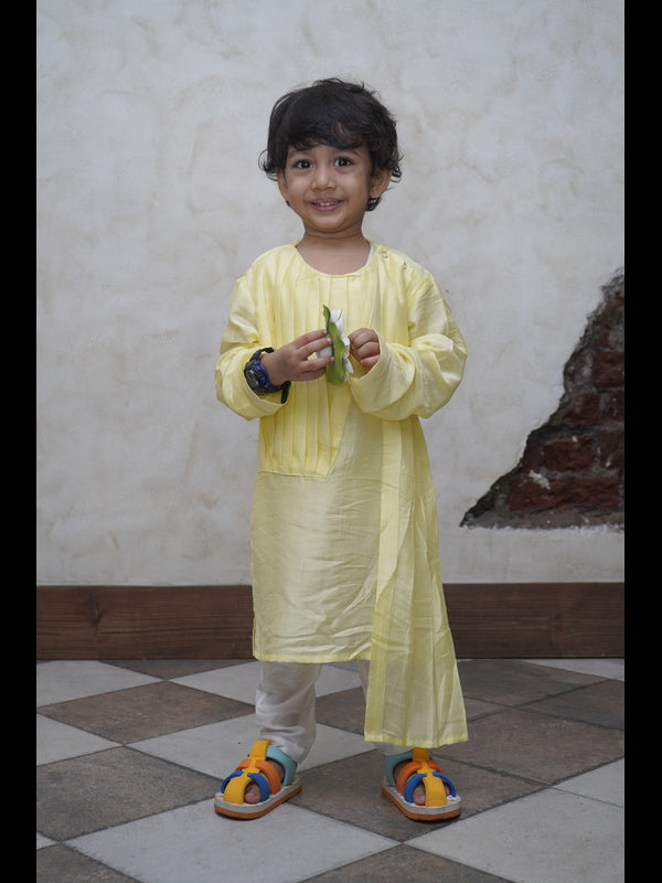 Designer Pleats Pure Muslin Silk Kurta Pyjama Set - Yellow Color