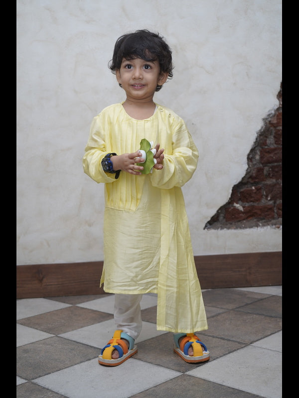 Designer Pleats Pure Muslin Silk Kurta Pyjama Set - Yellow Color