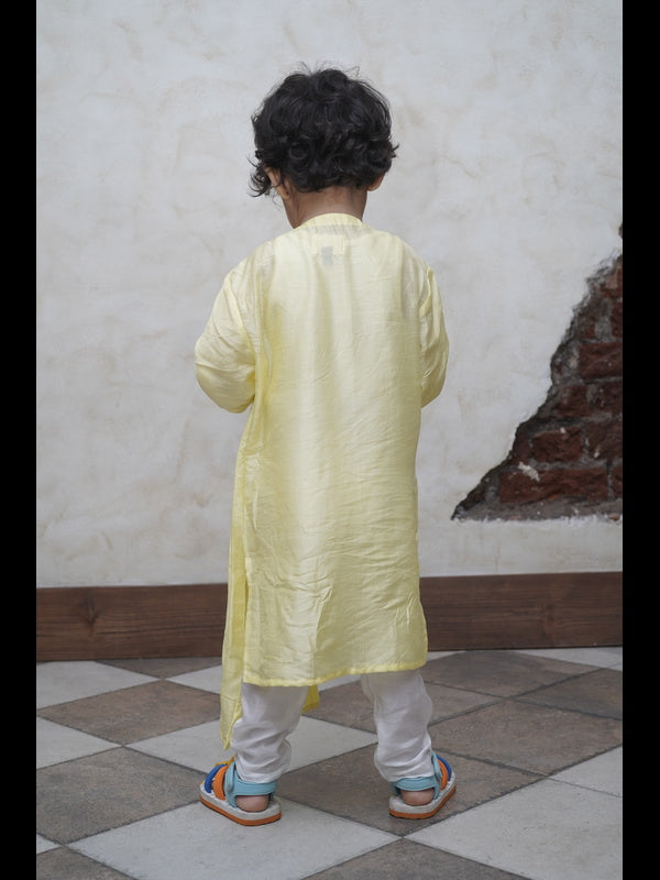 Designer Pleats Pure Muslin Silk Kurta Pyjama Set - Yellow Color