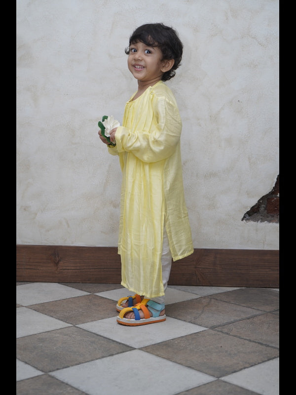 Designer Pleats Pure Muslin Silk Kurta Pyjama Set - Yellow Color