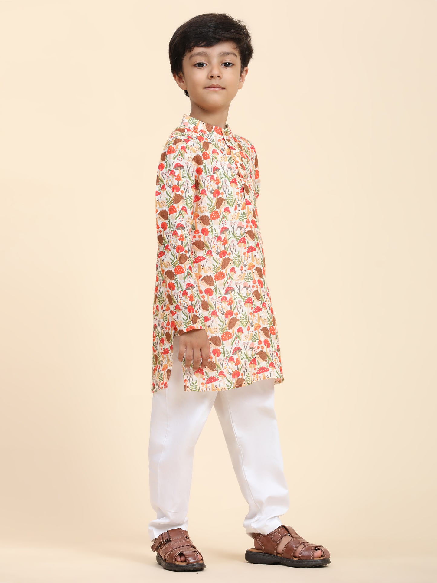 Mushroom Print Pure Linen Kurta  and Premium Cotton Pajama Set