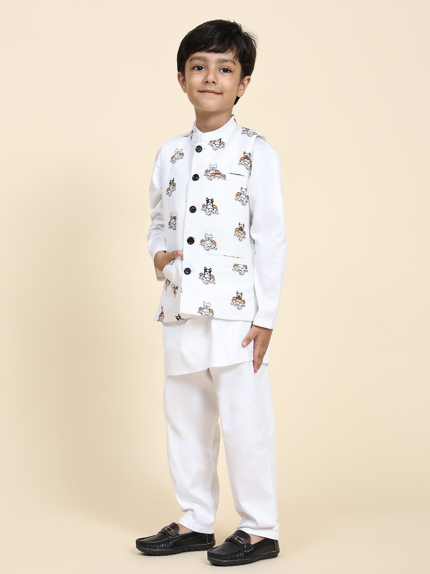 Dog Print Linen Koti with Pure Cotton White Kurta Pajama Set