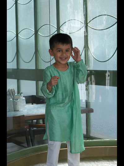 Designer Pleats Pure Muslin Silk Kurta Pyjama Set - Mint Green Color