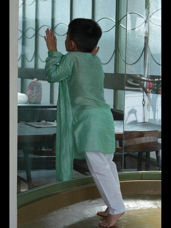 Designer Pleats Pure Muslin Silk Kurta Pyjama Set - Mint Green Color