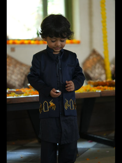 Royal Elephant Work Premium Satin Jodhpuri Open Jacket with Kurta Pajama Set - Dark Blue Color