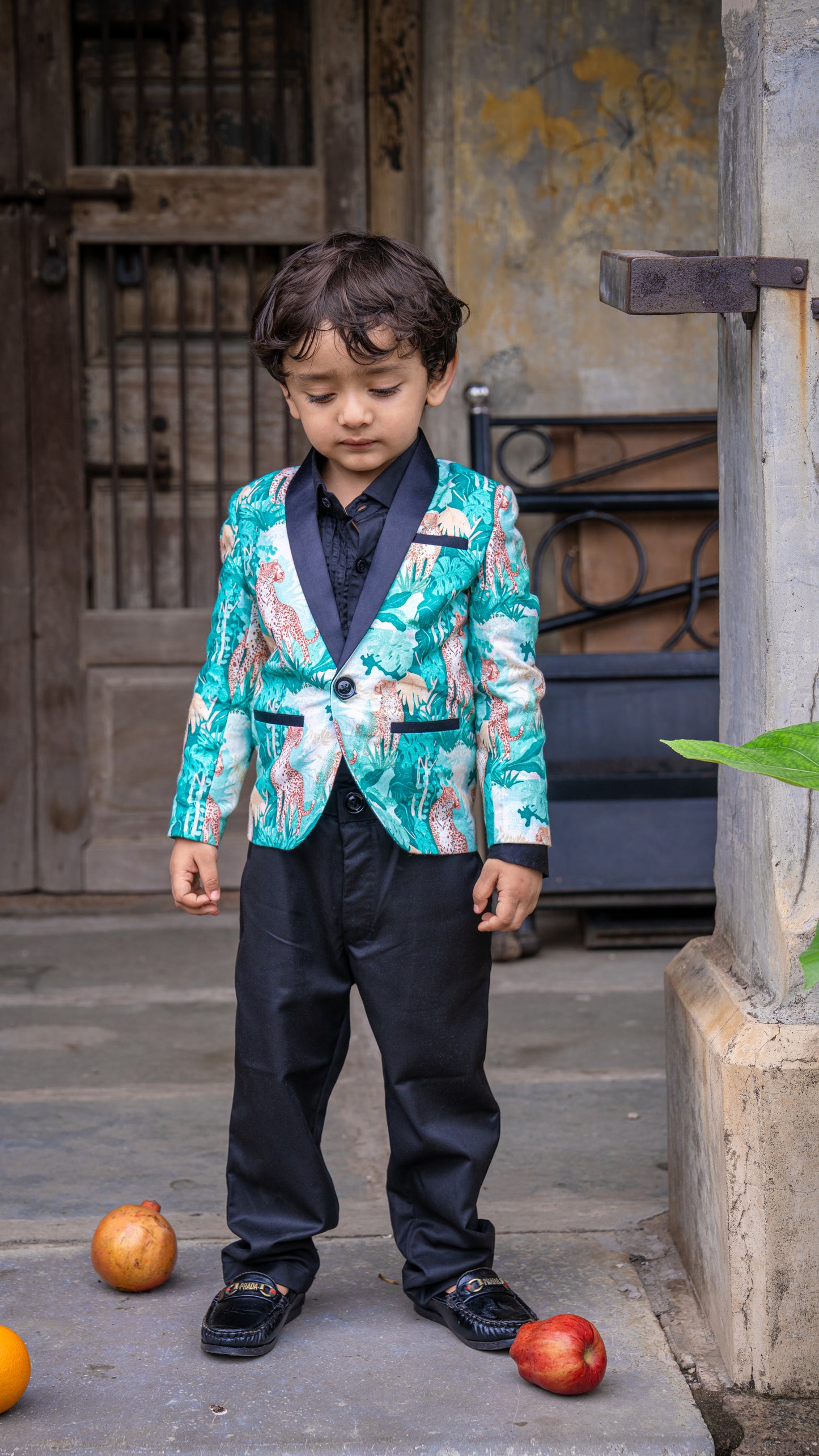 Green Forest and Leopard Printed Linen Blazer with Cotton Shirt and Pants Set with Complimentory Bow