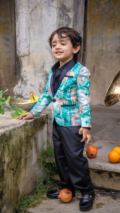 Green Forest and Leopard Printed Linen Blazer with Cotton Shirt and Pants Set with Complimentory Bow