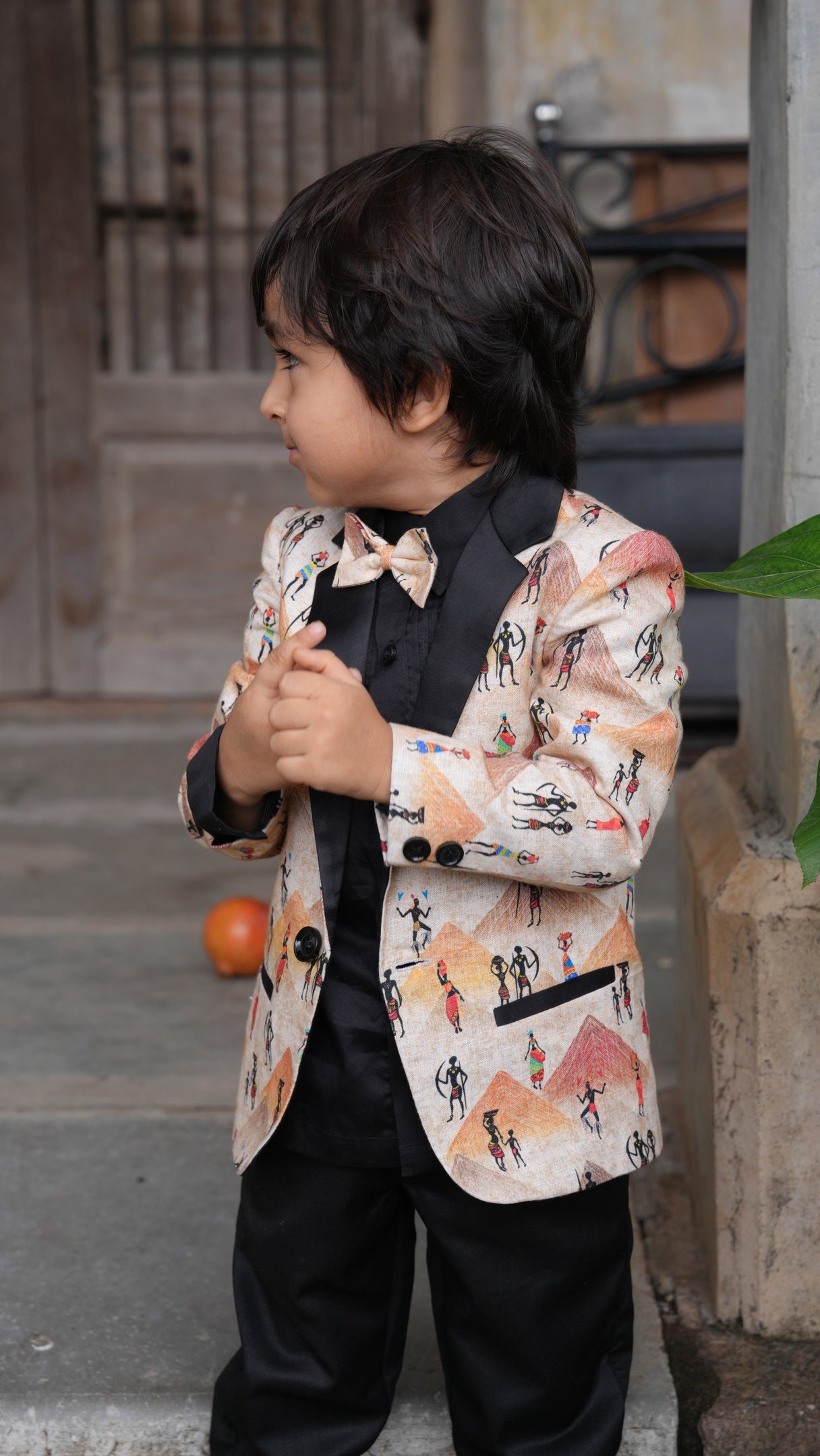 Pyiramid Print Blazer with Pintex Shirt and Black Cotton PantSet with Complimentory Bow