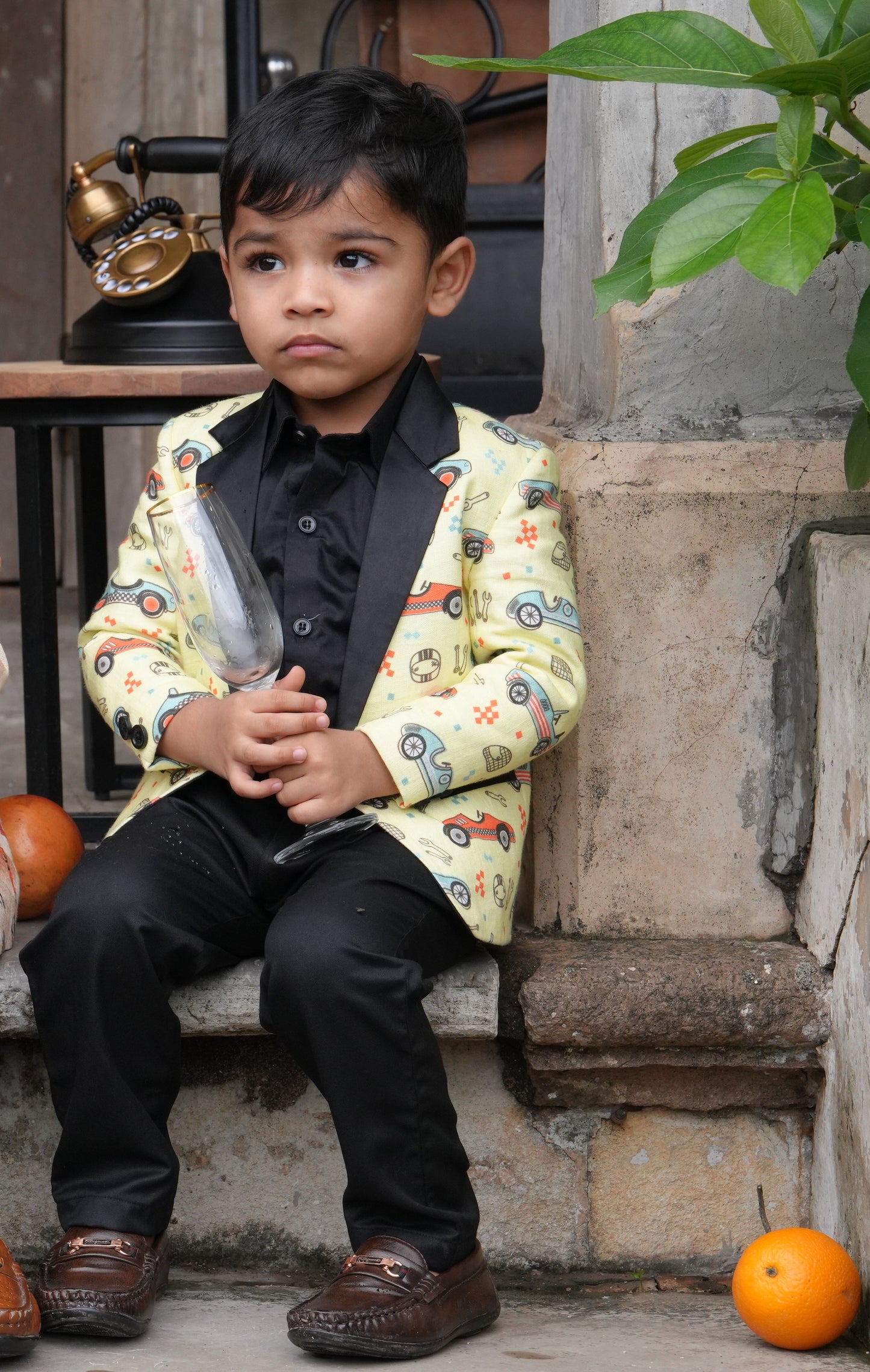 Car Printed Pure Linen Tuxedo Blazer , with cotton shirt and Cotton Pants Set with Complimentory Bow