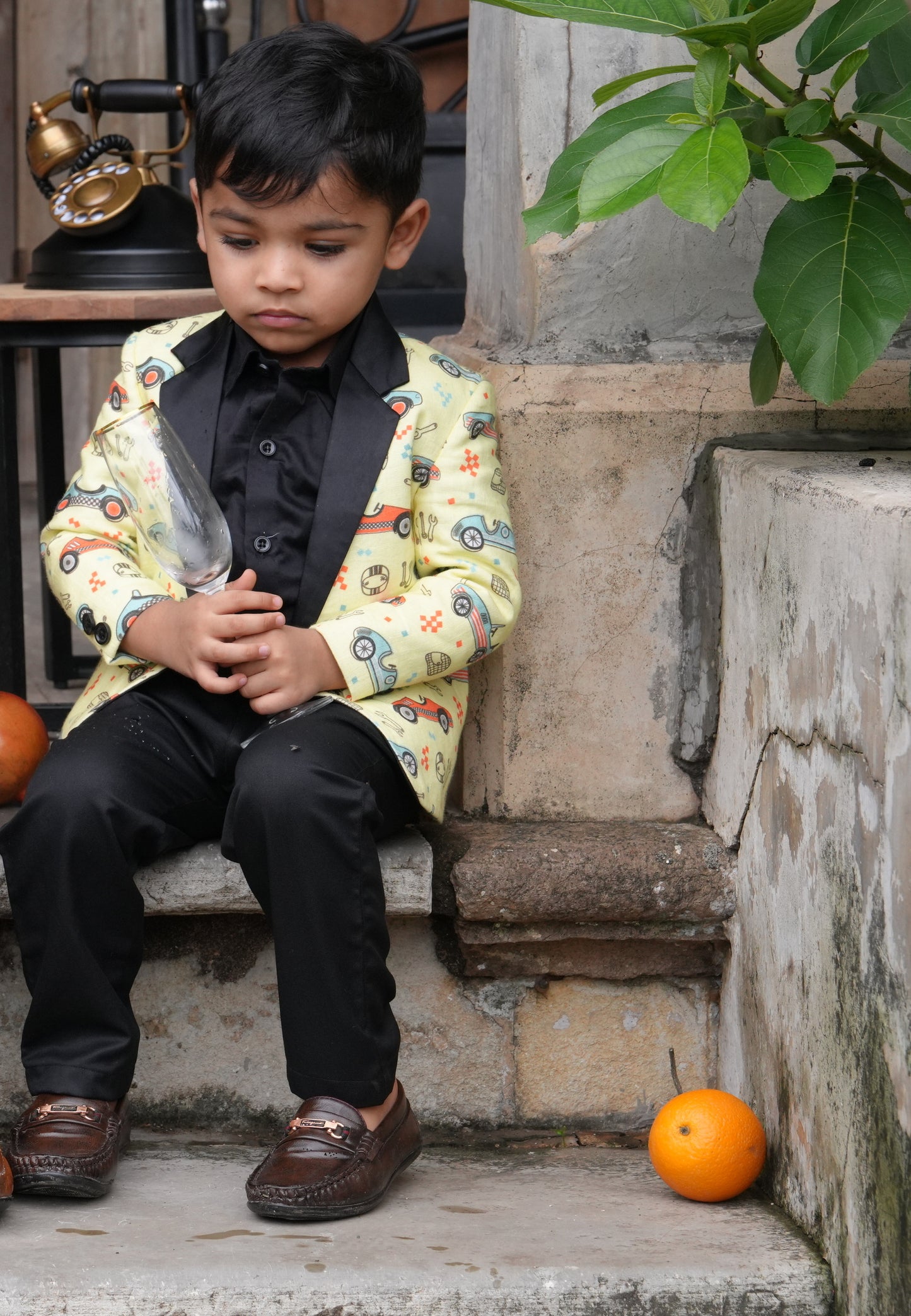 Car Printed Pure Linen Tuxedo Blazer , with cotton shirt and Cotton Pants Set with Complimentory Bow