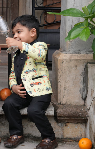 Car Printed Pure Linen Tuxedo Blazer , with cotton shirt and Cotton Pants Set with Complimentory Bow