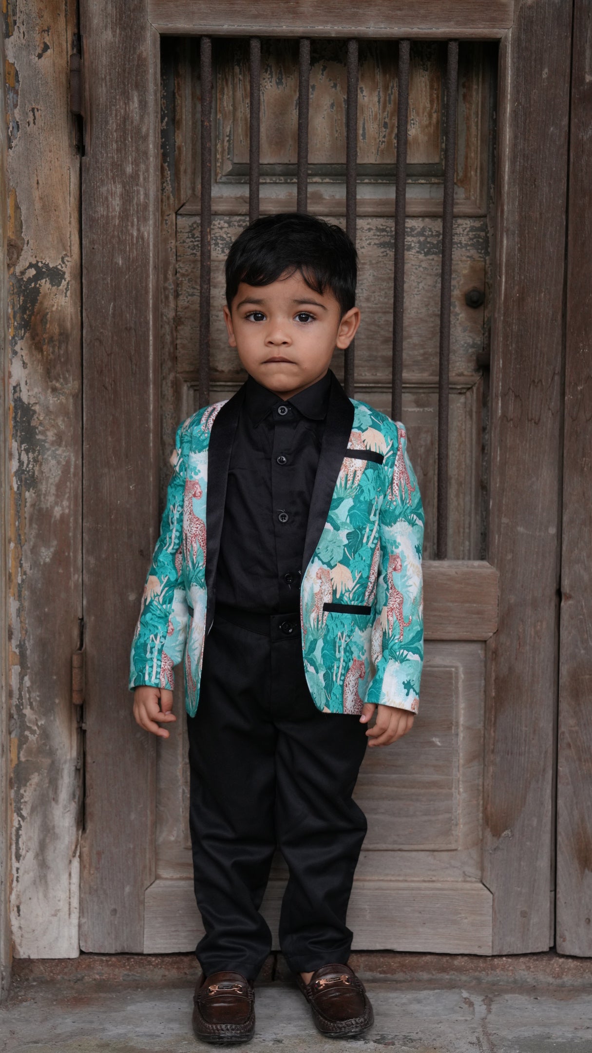 Green Forest and Leopard Printed Linen Blazer with Cotton Shirt and Pants Set with Complimentory Bow