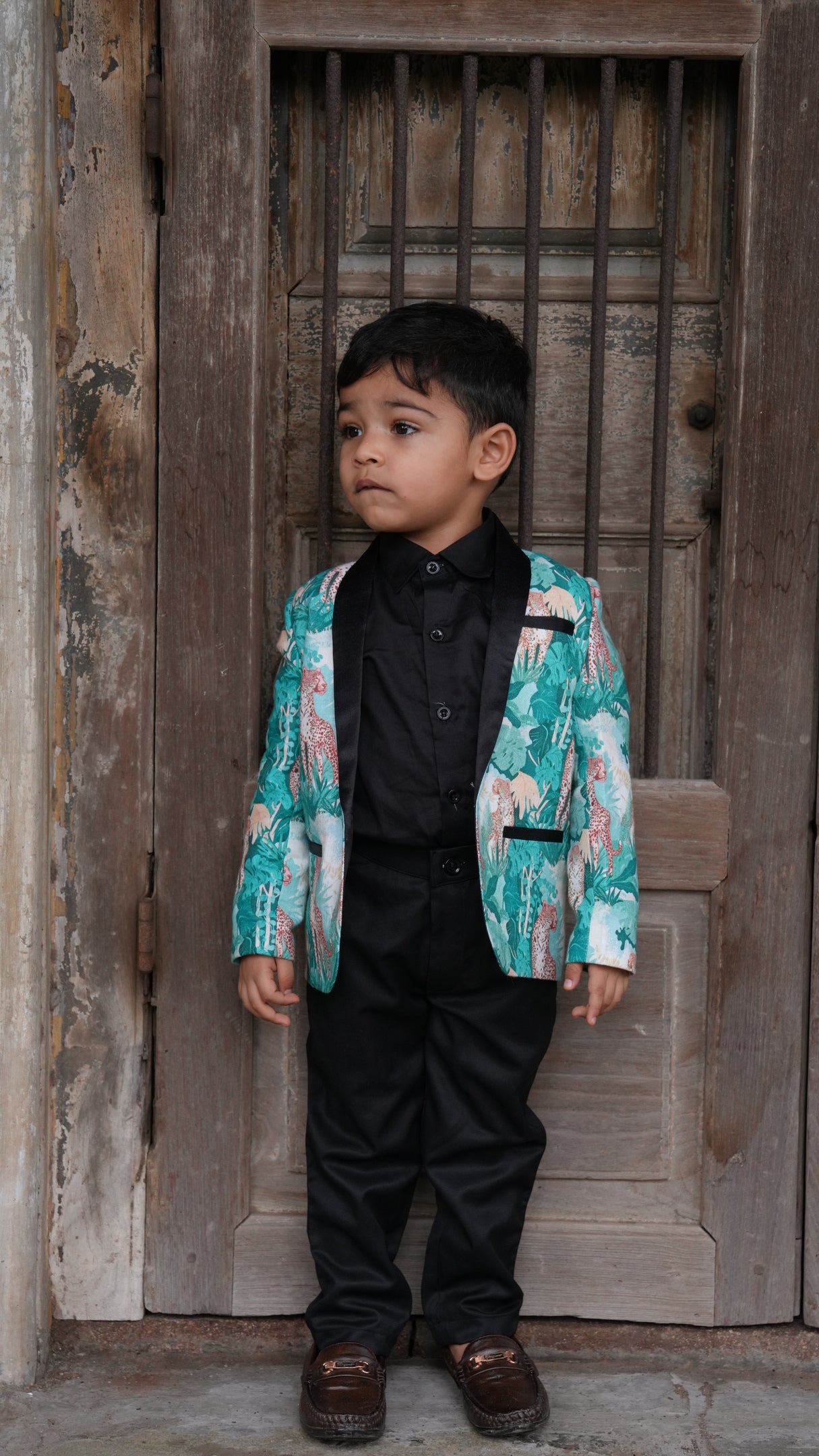 Green Forest and Leopard Printed Linen Blazer with Cotton Shirt and Pants Set with Complimentory Bow