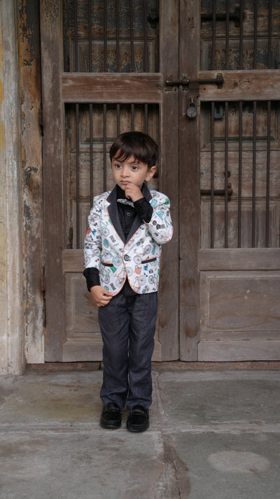 Camera Cycle Printed Tuxedo Blazer Set with Pure Cotton Shirt and Linen Pants Set with Complimentory Bow