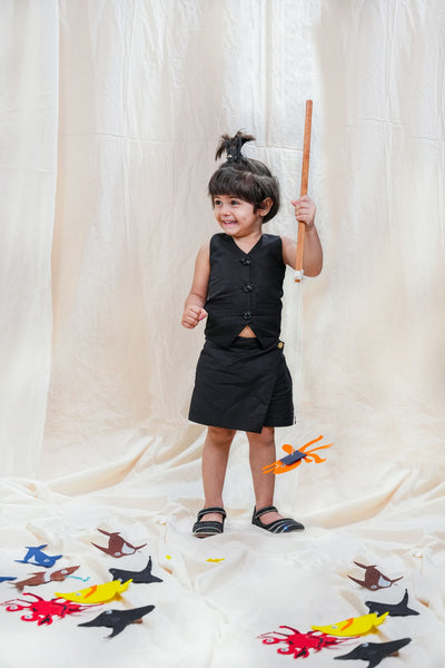 Waist Coat with Skirt Styled Shorts - Black Colour, Cotton Linen