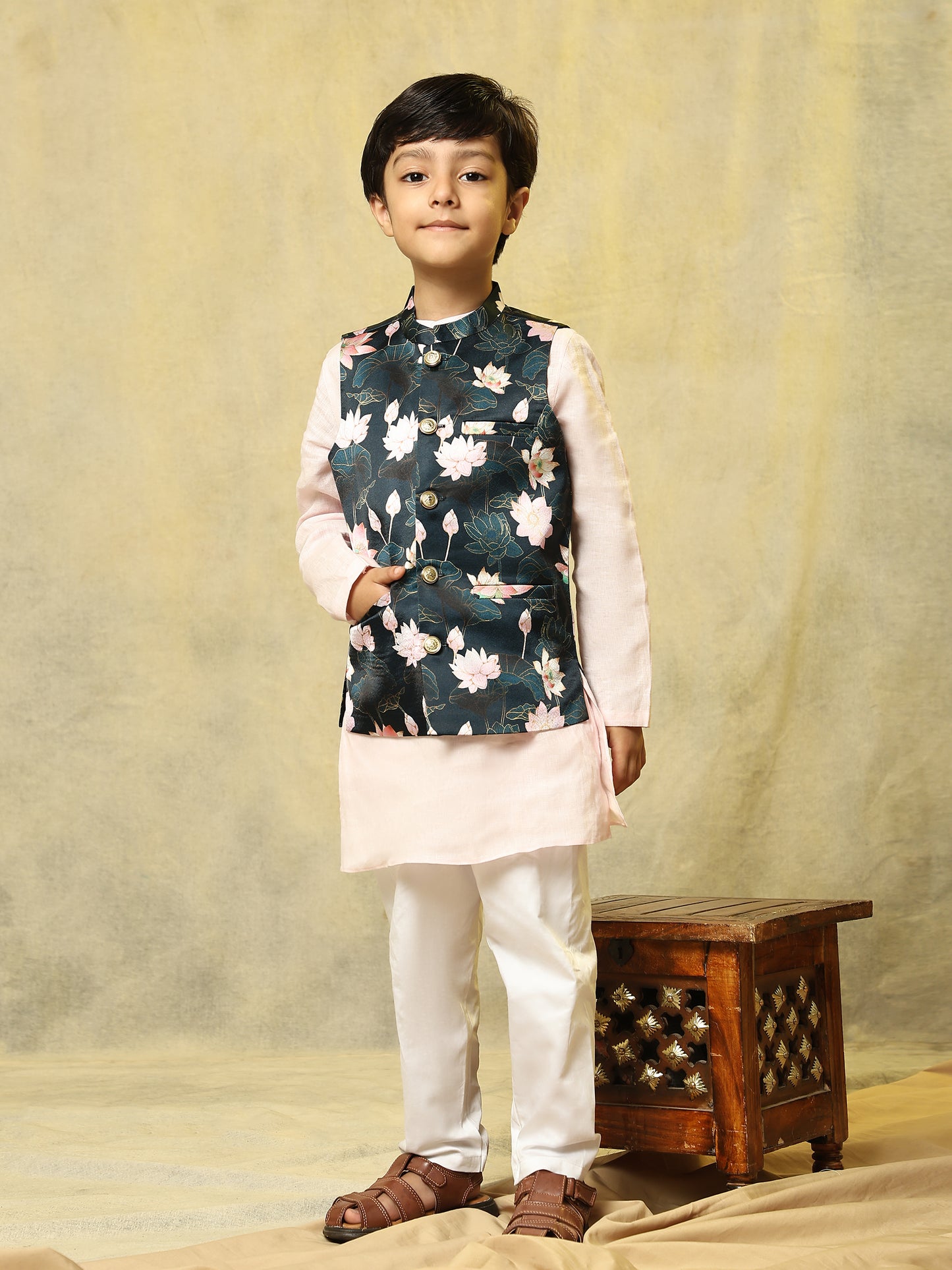 Lotus Print Satin Koti with Pink Kurta White Pajama Set