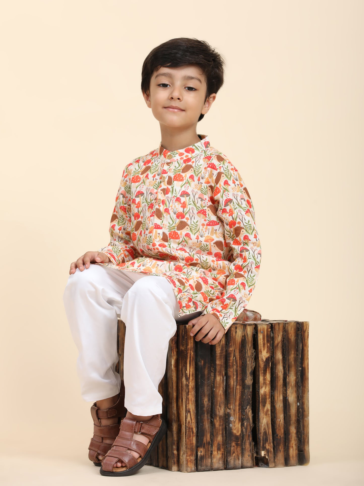 Mushroom Print Pure Linen Kurta  and Premium Cotton Pajama Set