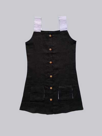 Solid Black Coloured Box Pocket Dress with White Strapes