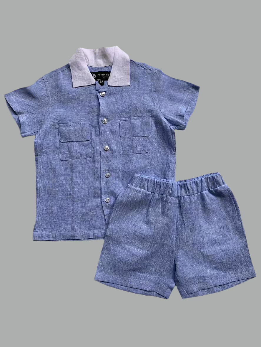 Classic Unisex Blue White Collared Shirt & Shorts Set