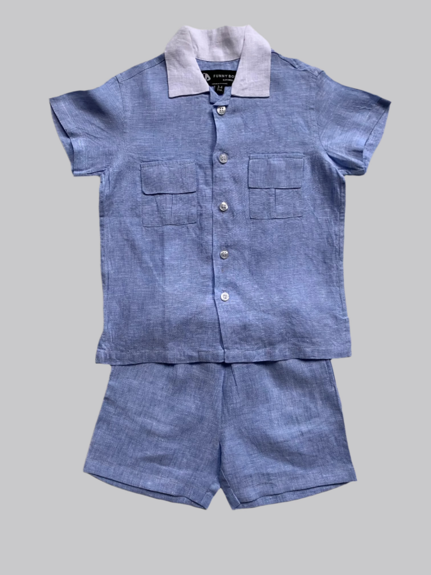 Classic Unisex Blue White Collared Shirt & Shorts Set