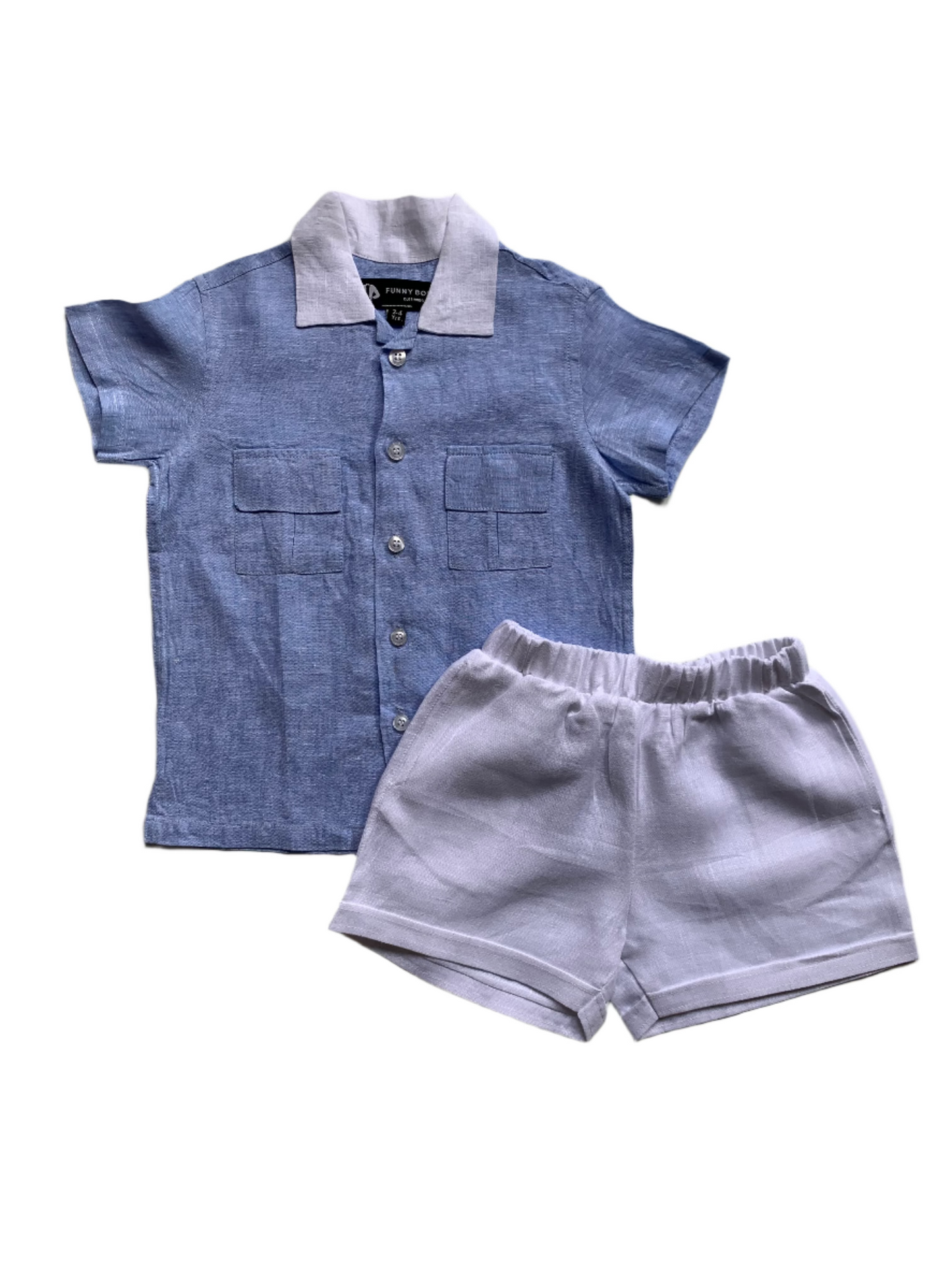 Classic Unisex Blue White Collared Shirt & White Shorts Set