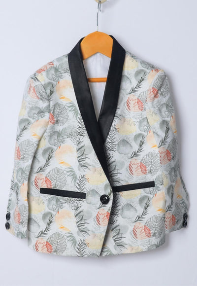 Grey Leaves Printed Pure Linen Blazer Only
