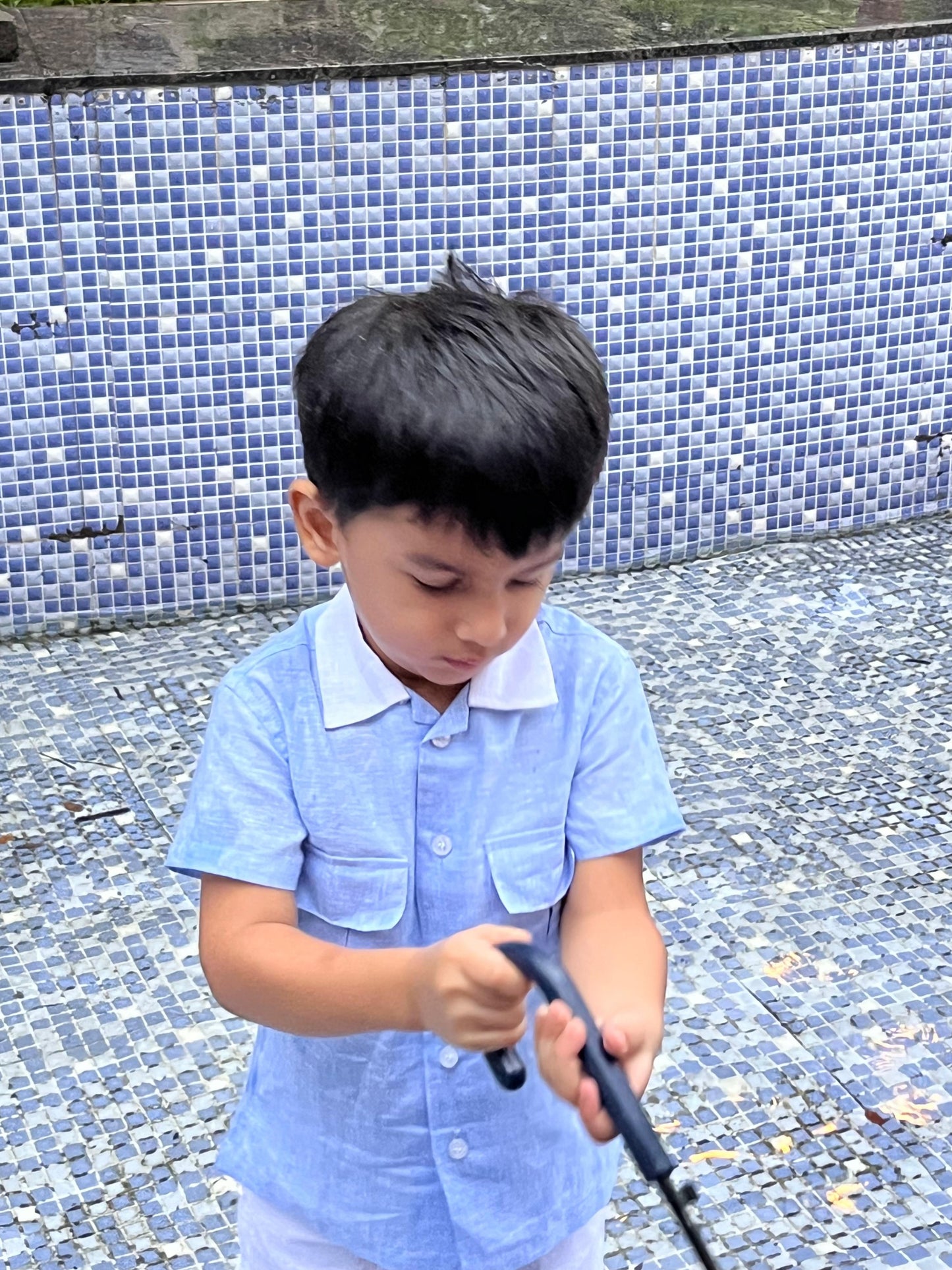 Classic Unisex Blue White Collared Shirt & White Shorts Set