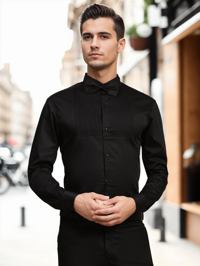 Half Pintex Tuxedo Shirt 100% Premium Cotton Satin for Men (Black Colour)