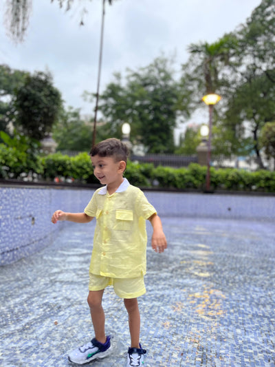 Classic Unisex Yellow White Collared Shirt & Shorts Set