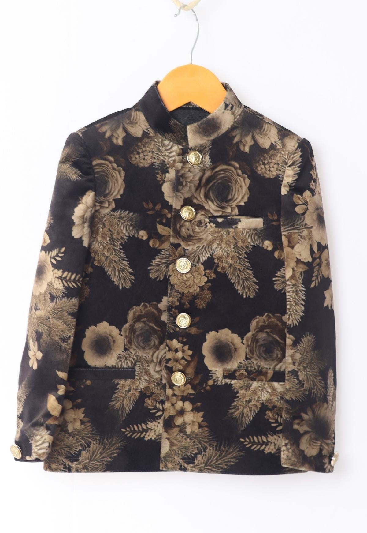 Golden Flower Printed  Velvet Bandgala Blazer  Set