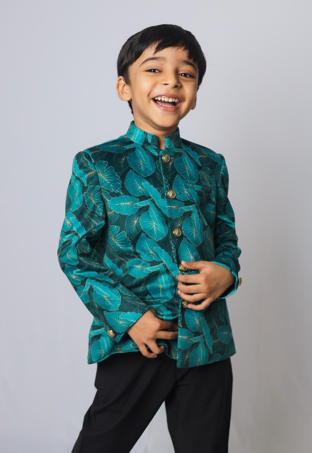 Green Leaves Printed Velvet Bandgala Blazer Set