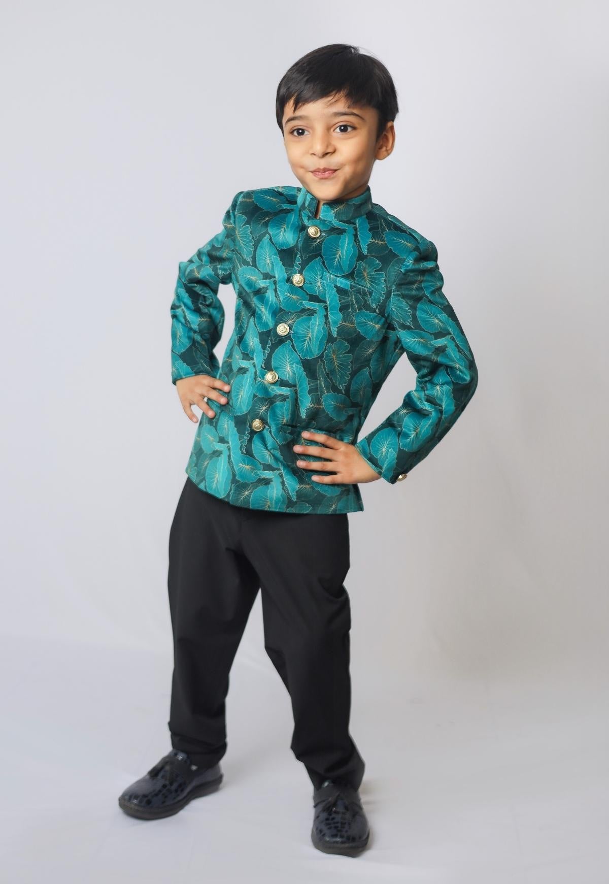 Green Leaves Printed Velvet Bandgala Blazer Set