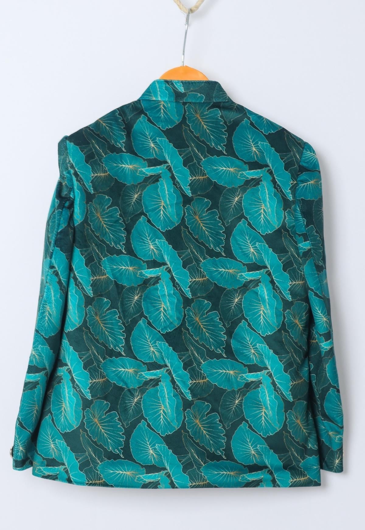 Green Leaves Printed Velvet Bandgala Blazer Set